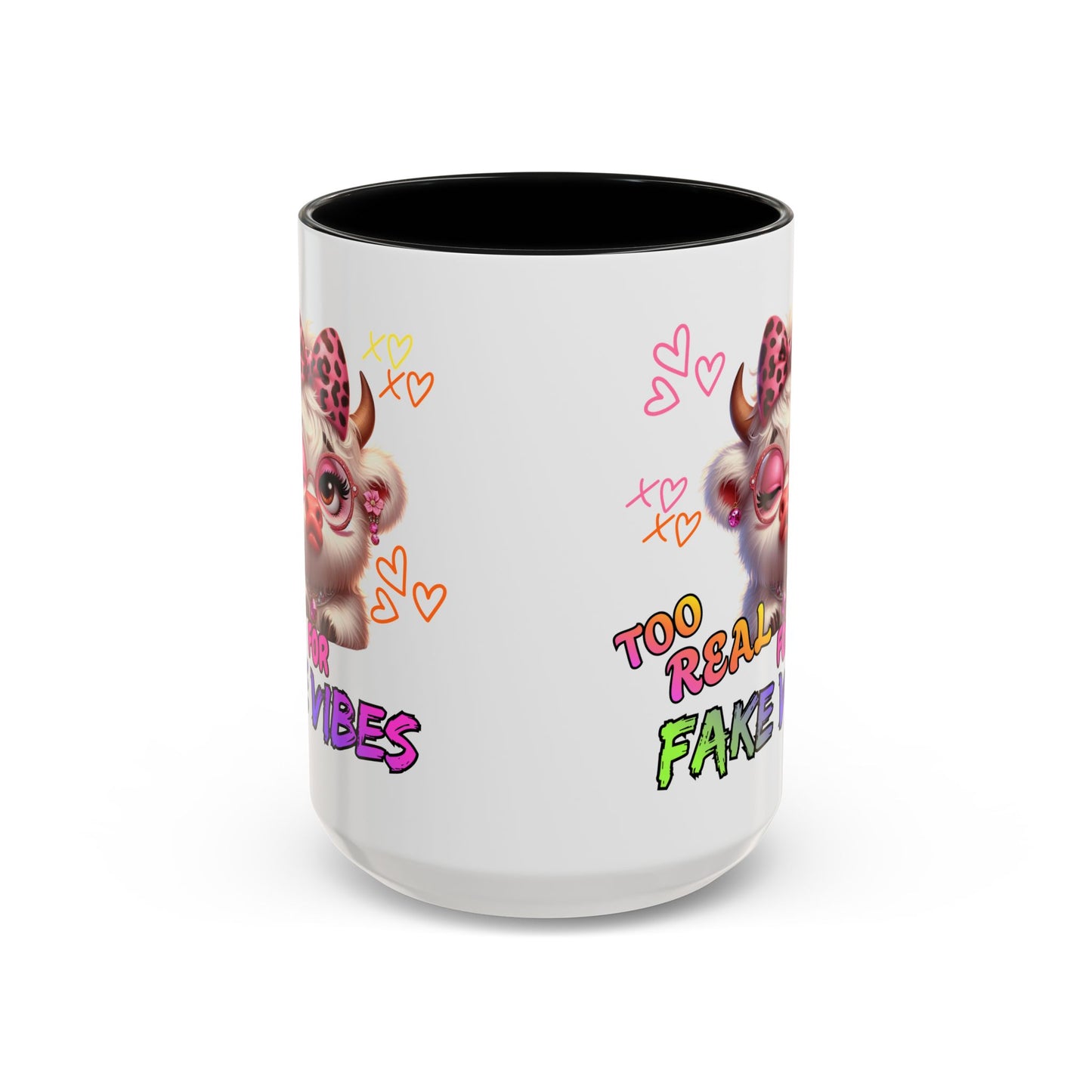Coffee Mug — "Too Real for Fake Vibes" Cute Winking Cow Accent Mug (11/15oz)