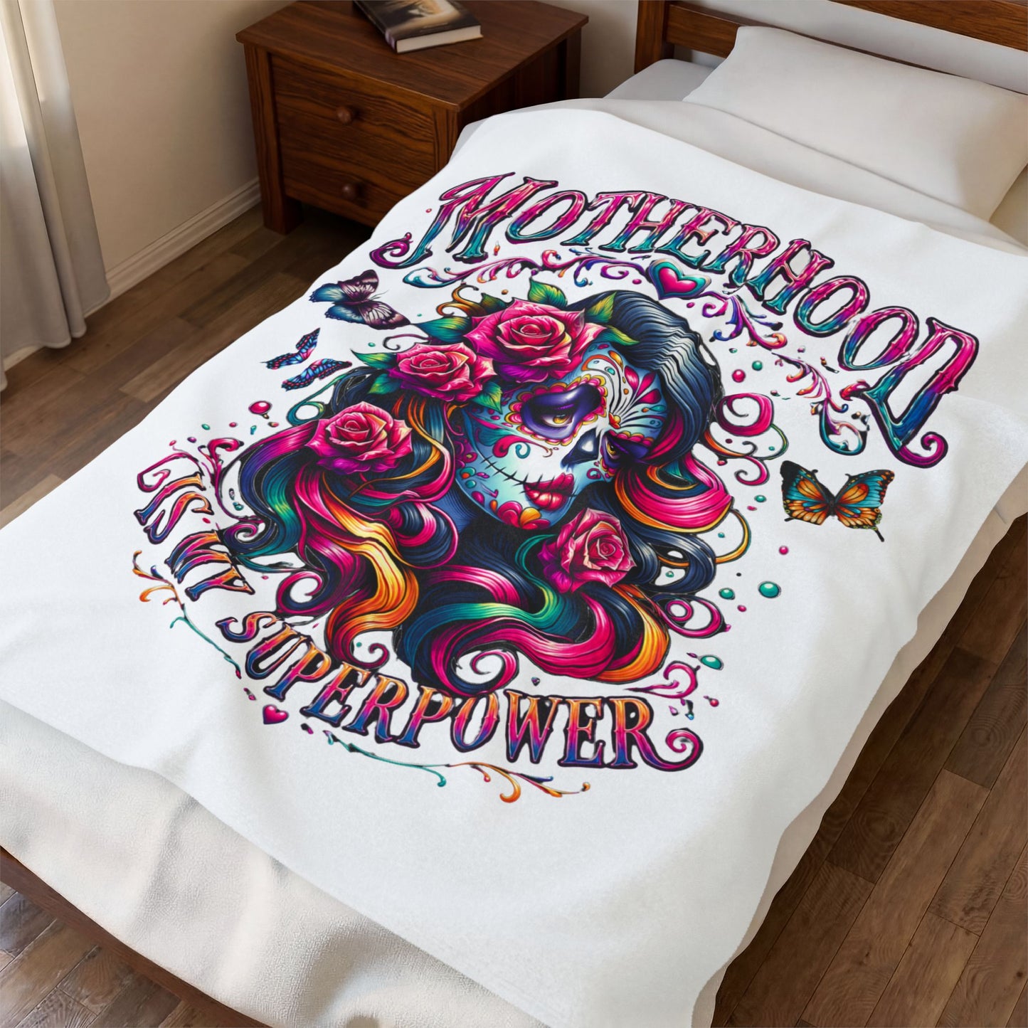 Velveteen Plush Blanket — "Motherhood Is My Superpower" Day of the Dead Floral Throw