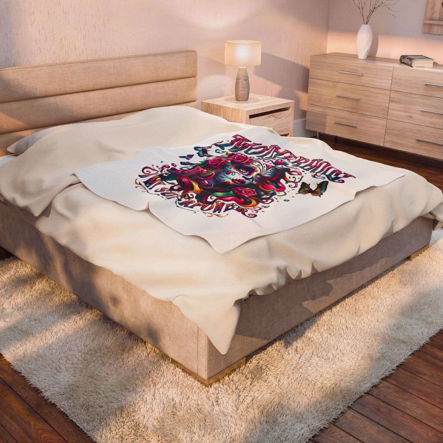 Velveteen Plush Blanket — "Motherhood Is My Superpower" Day of the Dead Floral Throw