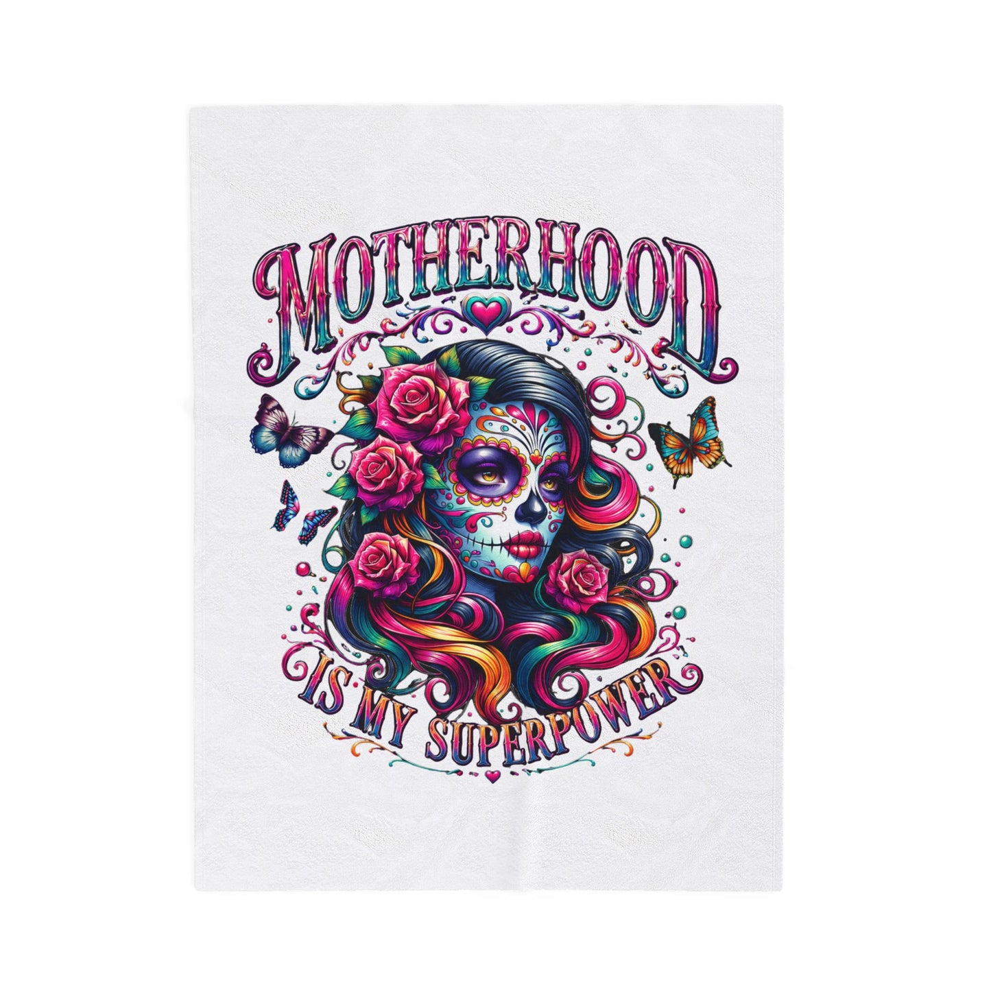 Velveteen Plush Blanket — "Motherhood Is My Superpower" Day of the Dead Floral Throw