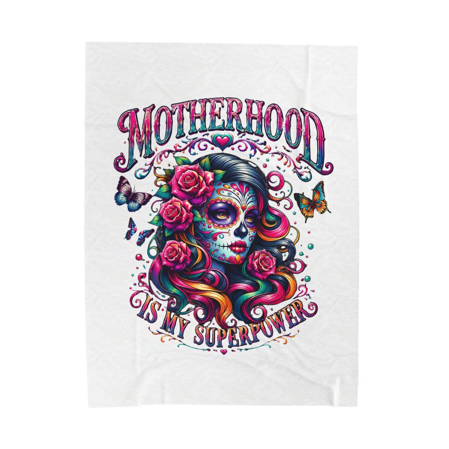 Velveteen Plush Blanket — "Motherhood Is My Superpower" Day of the Dead Floral Throw
