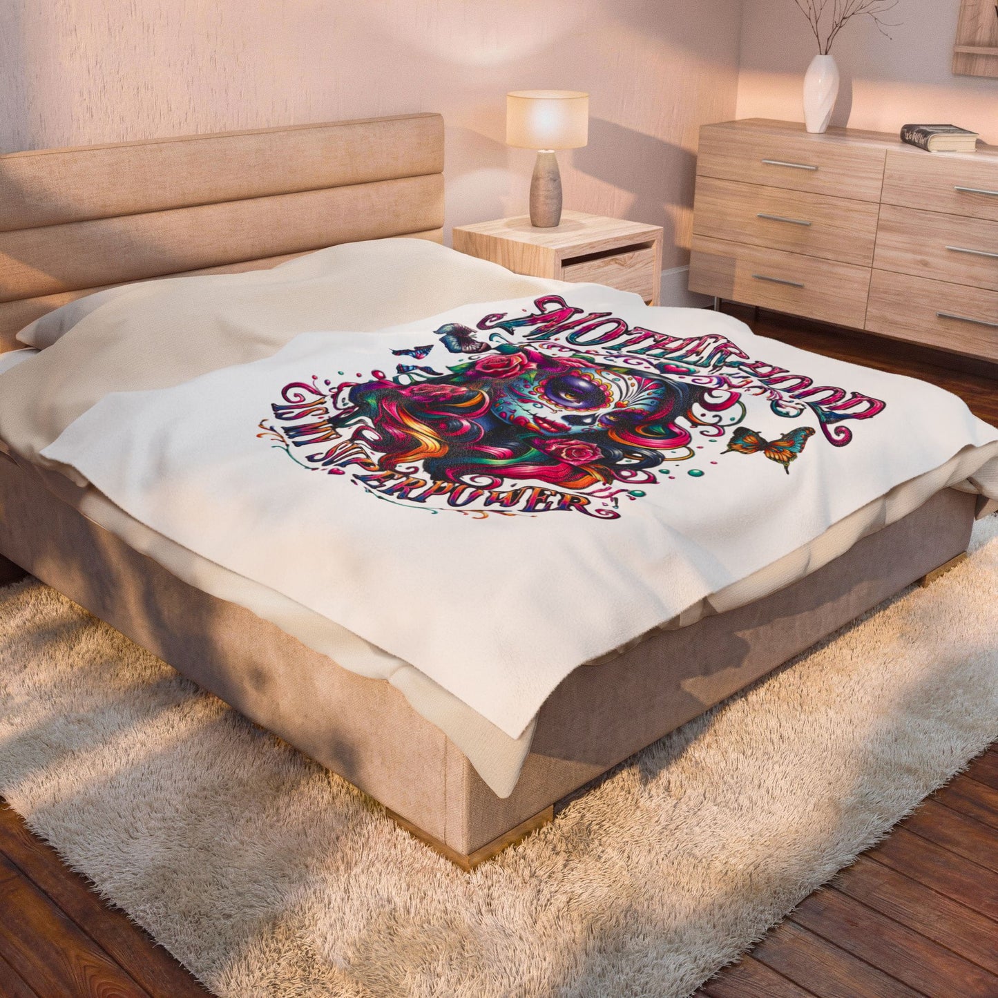 Velveteen Plush Blanket — "Motherhood Is My Superpower" Day of the Dead Floral Throw