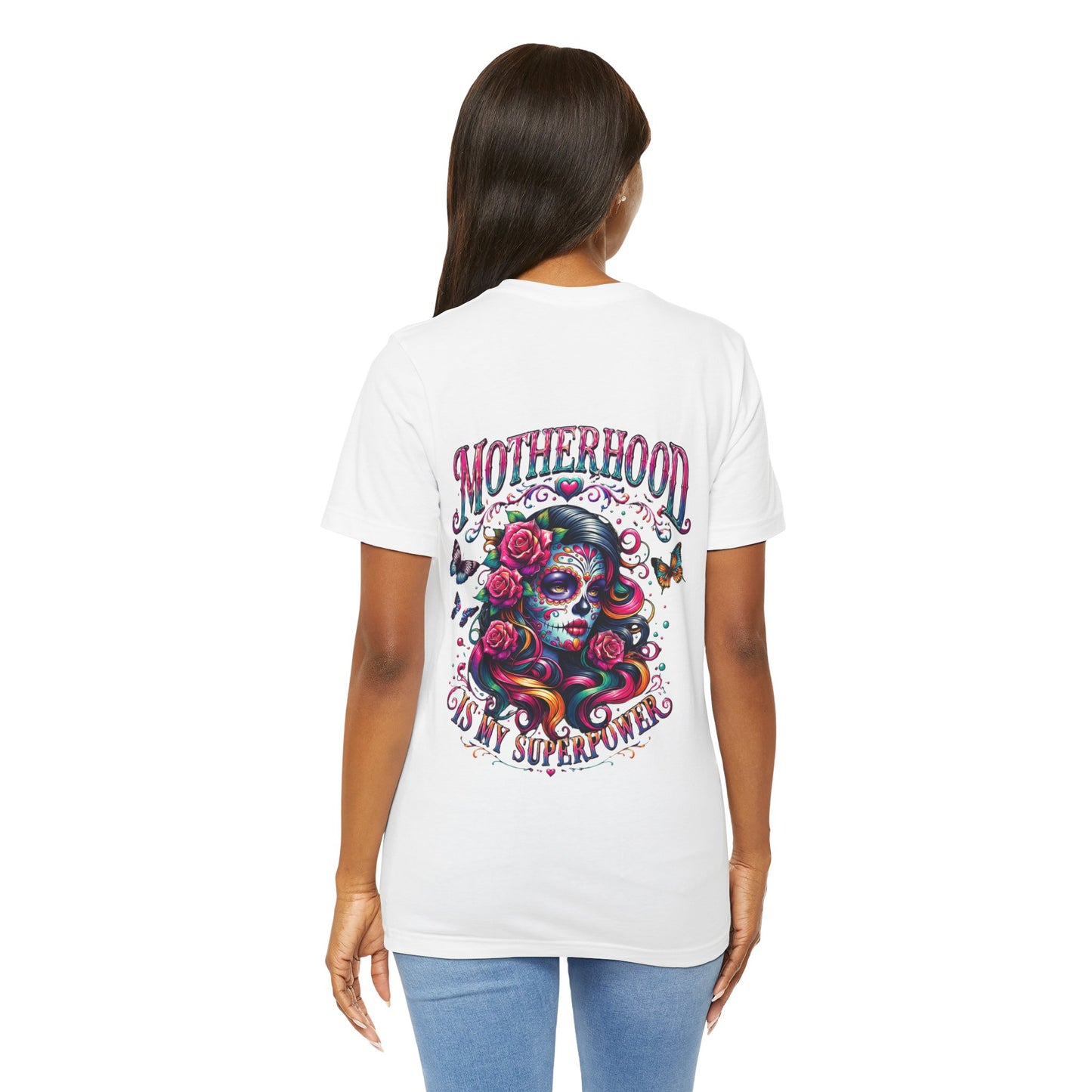 Motherhood T-Shirt — 'Motherhood Is My Superpower' Sugar Skull Mom Graphic Tee