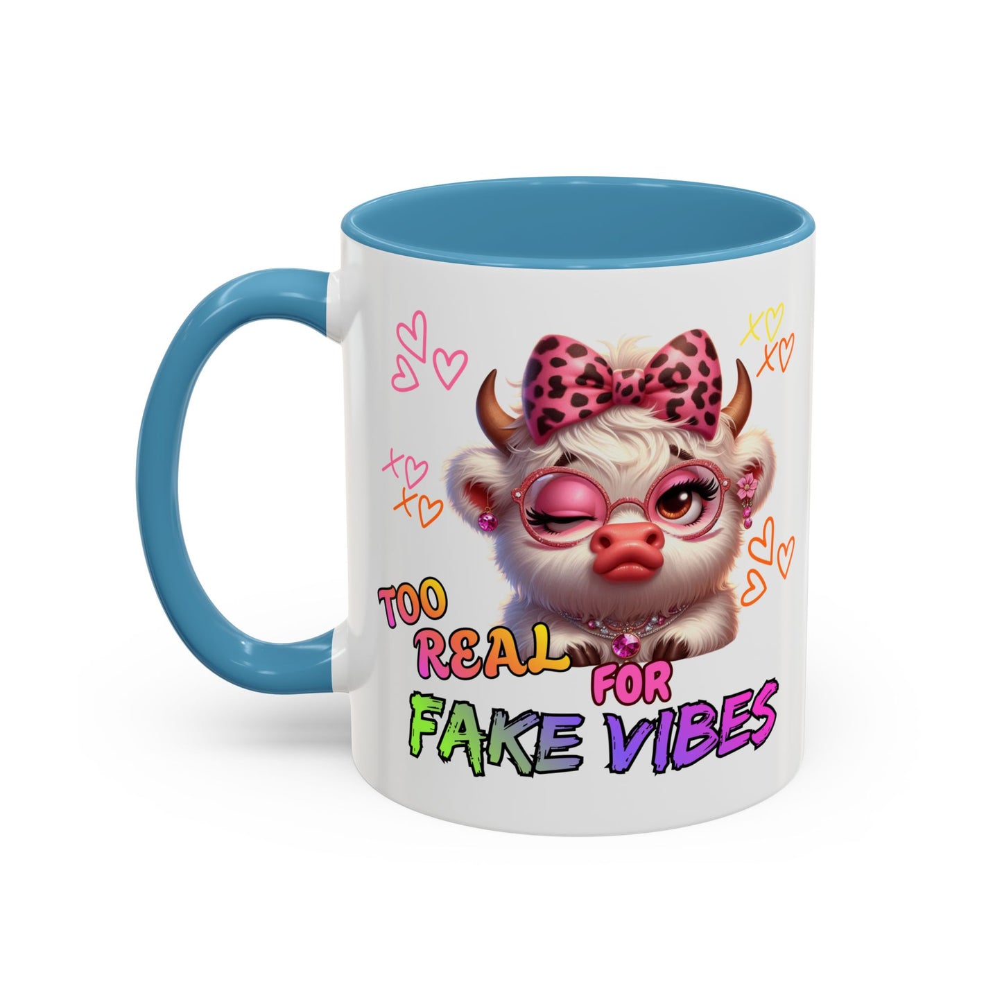 Coffee Mug — "Too Real for Fake Vibes" Cute Winking Cow Accent Mug (11/15oz)