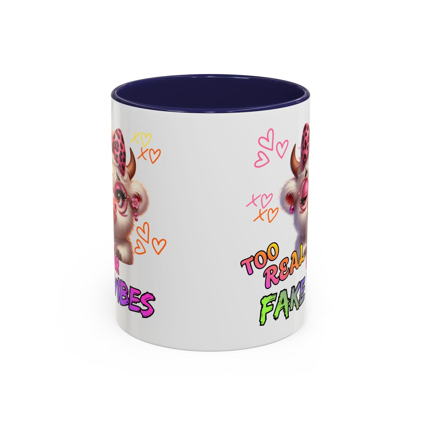 Coffee Mug — "Too Real for Fake Vibes" Cute Winking Cow Accent Mug (11/15oz)