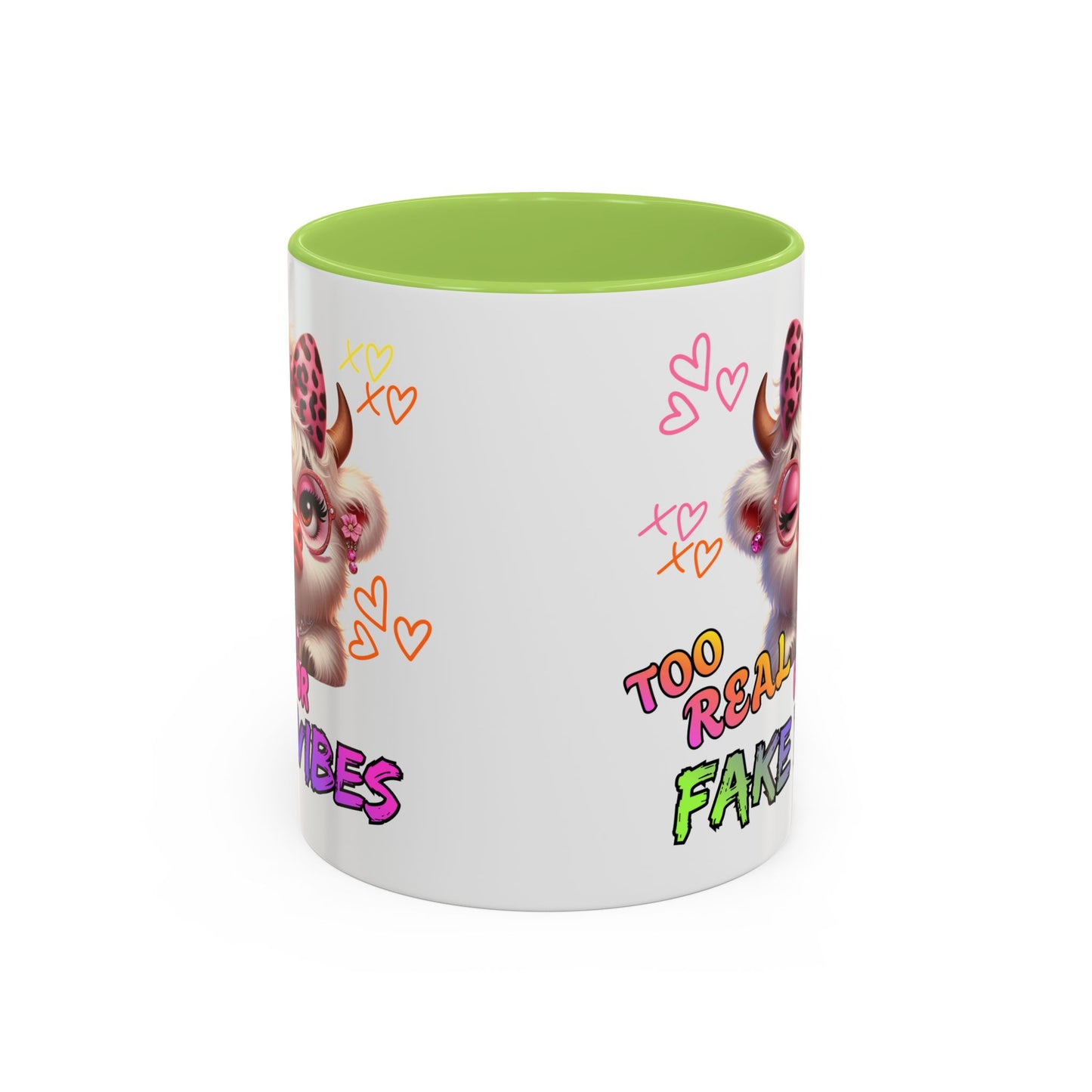 Coffee Mug — "Too Real for Fake Vibes" Cute Winking Cow Accent Mug (11/15oz)