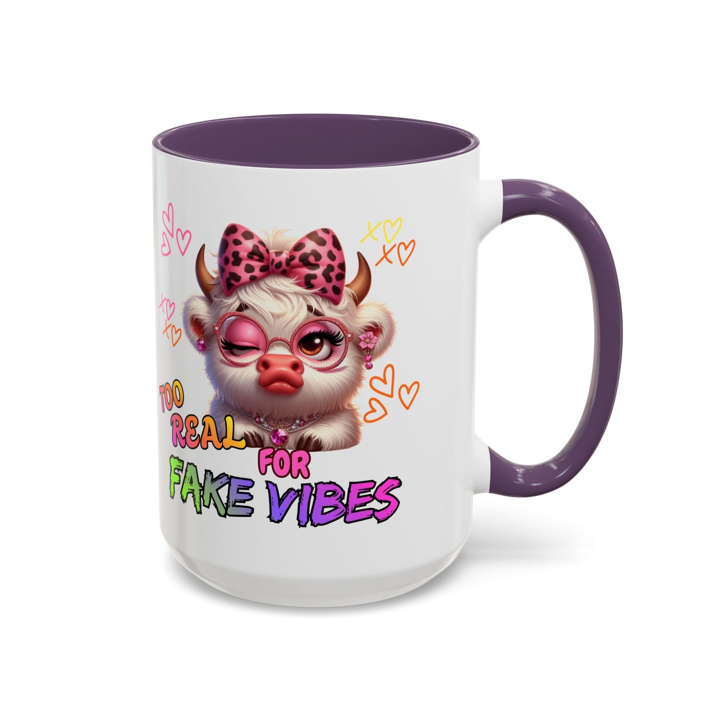 Coffee Mug — "Too Real for Fake Vibes" Cute Winking Cow Accent Mug (11/15oz)