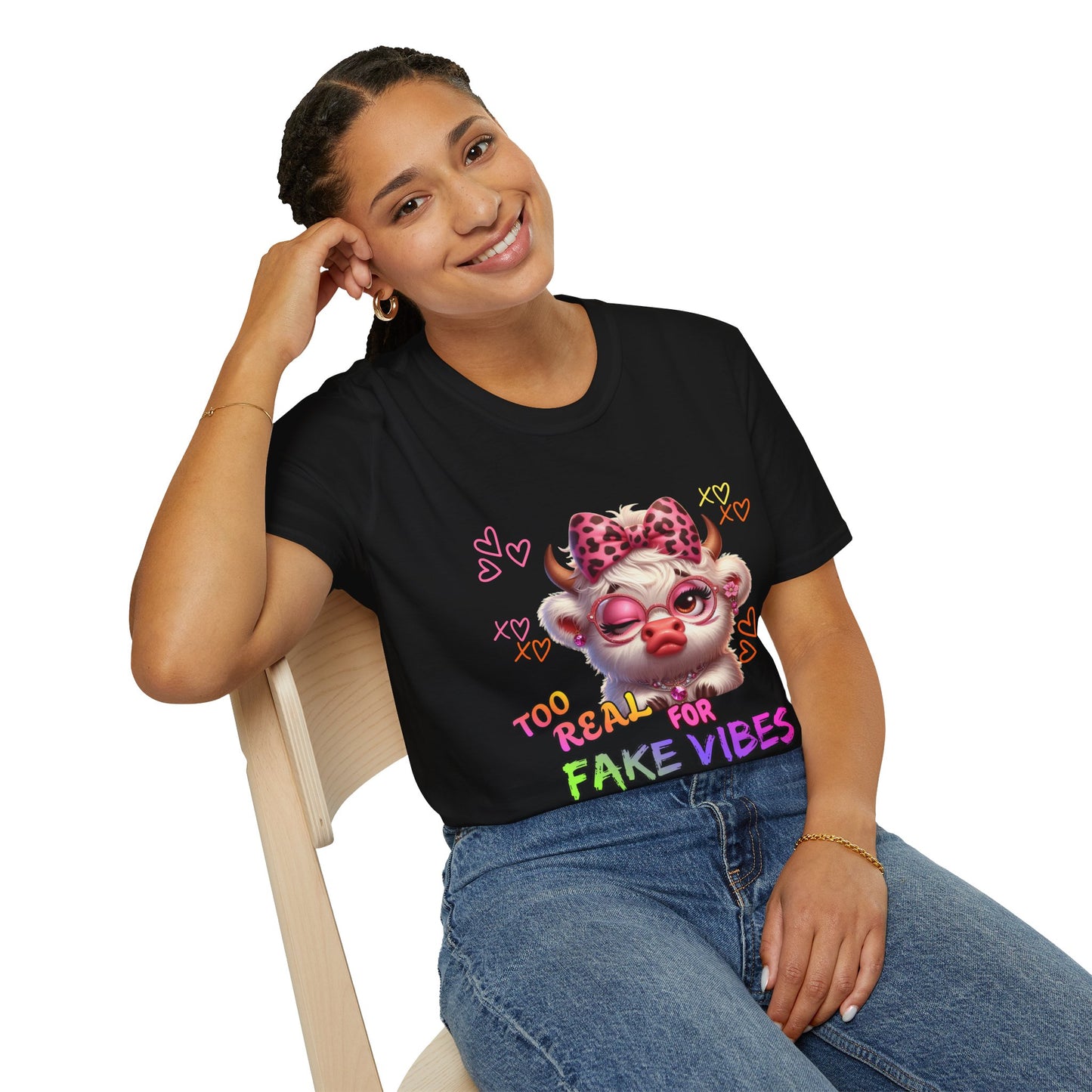 T-Shirt — "Too Real for Fake Vibes" Cute Cow Graphic Tee