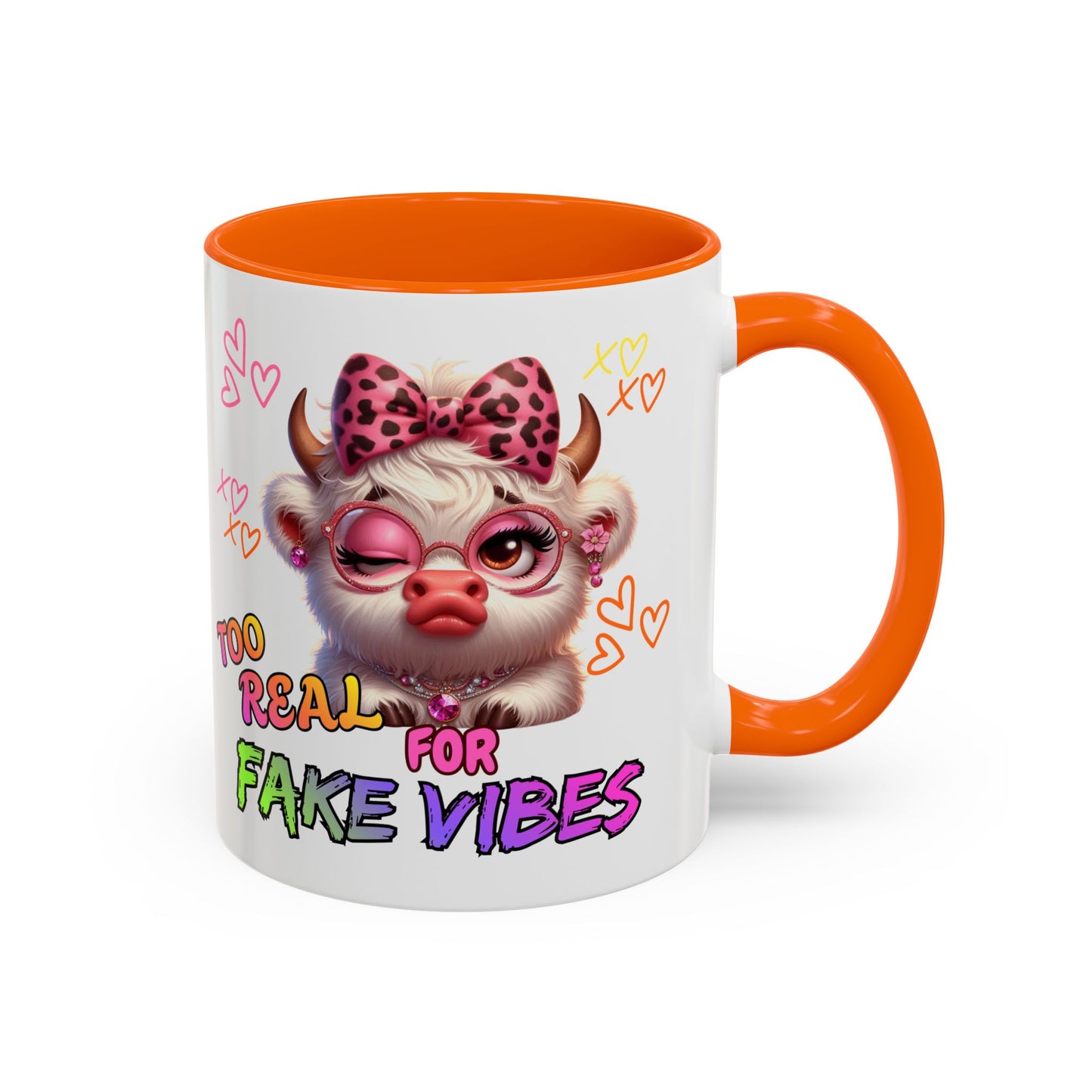 Coffee Mug — "Too Real for Fake Vibes" Cute Winking Cow Accent Mug (11/15oz)