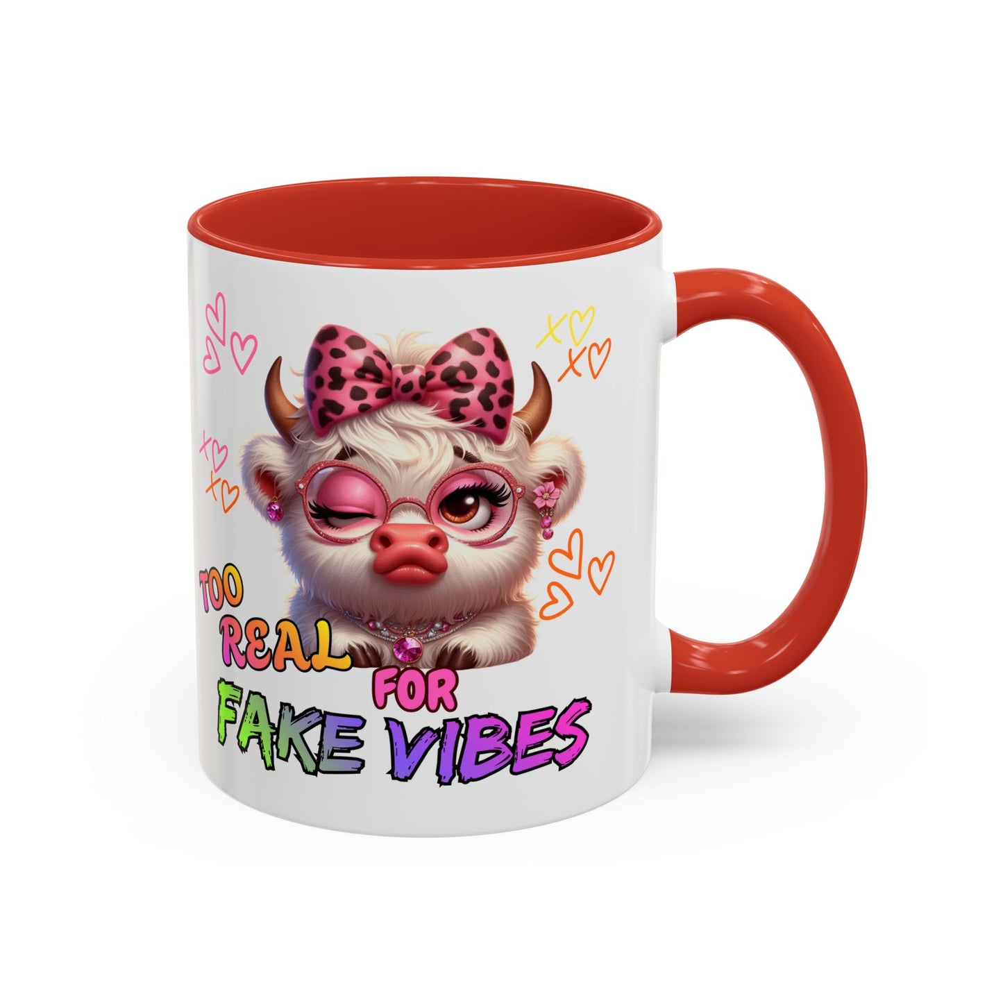 Coffee Mug — "Too Real for Fake Vibes" Cute Winking Cow Accent Mug (11/15oz)
