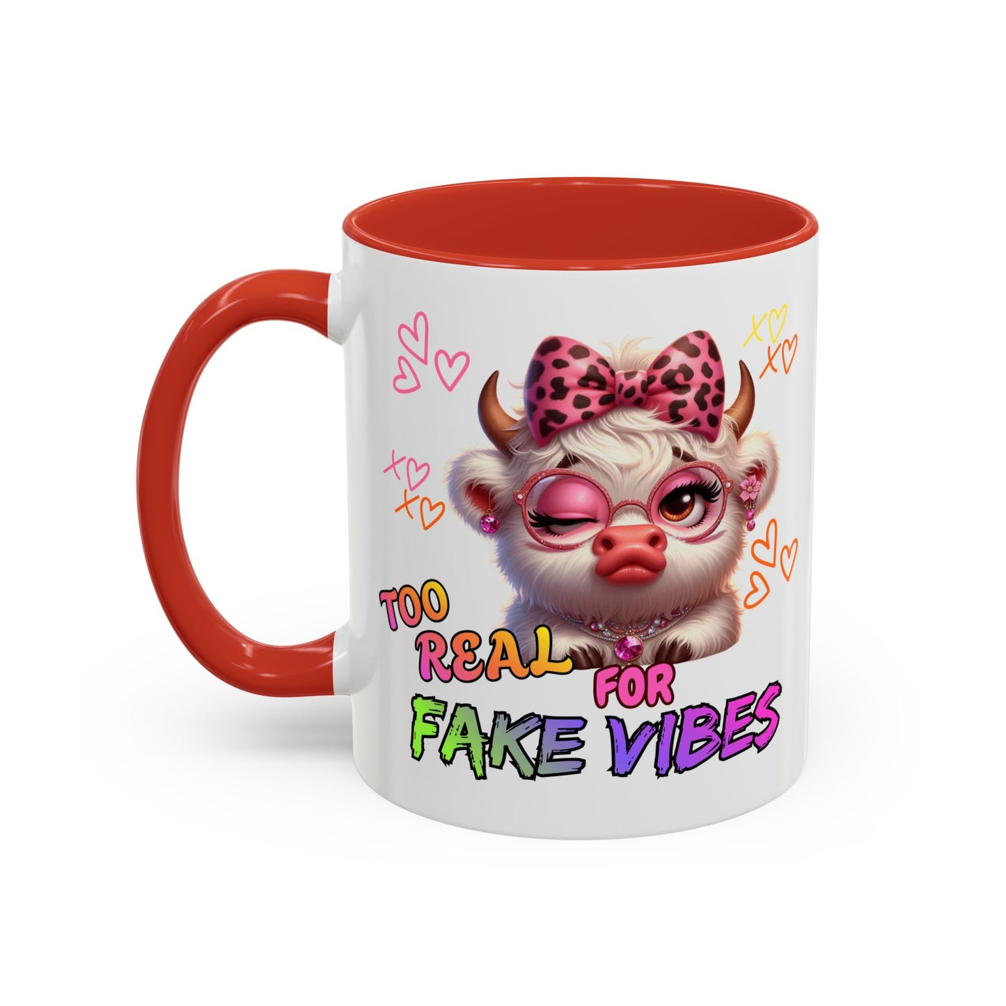 Coffee Mug — "Too Real for Fake Vibes" Cute Winking Cow Accent Mug (11/15oz)