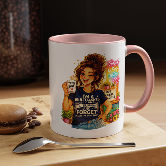 Coffee Mug — "I'm a Multitasker: Listen, Ignore & Forget" Cute Retro Girl Design