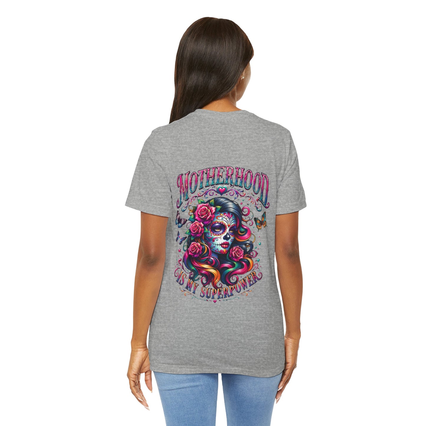 Motherhood T-Shirt — 'Motherhood Is My Superpower' Sugar Skull Mom Graphic Tee