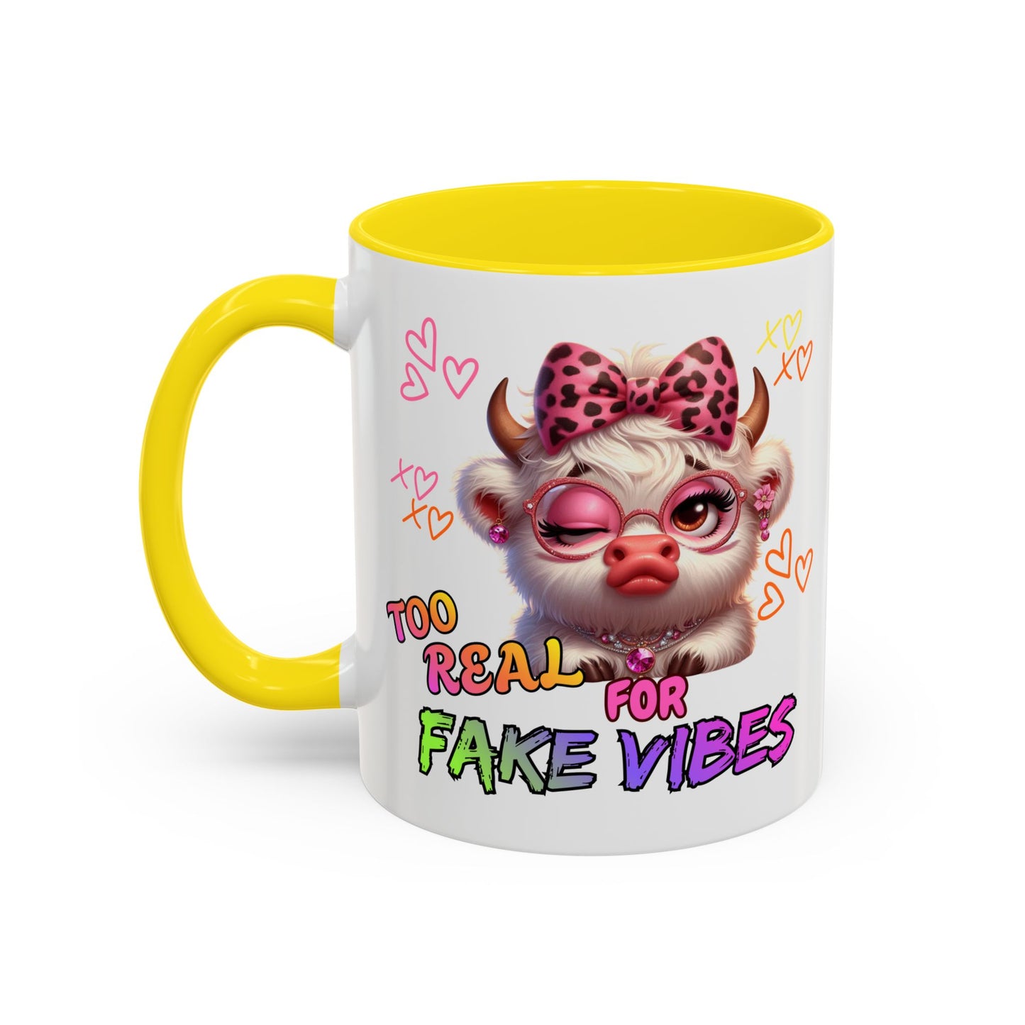 Coffee Mug — "Too Real for Fake Vibes" Cute Winking Cow Accent Mug (11/15oz)