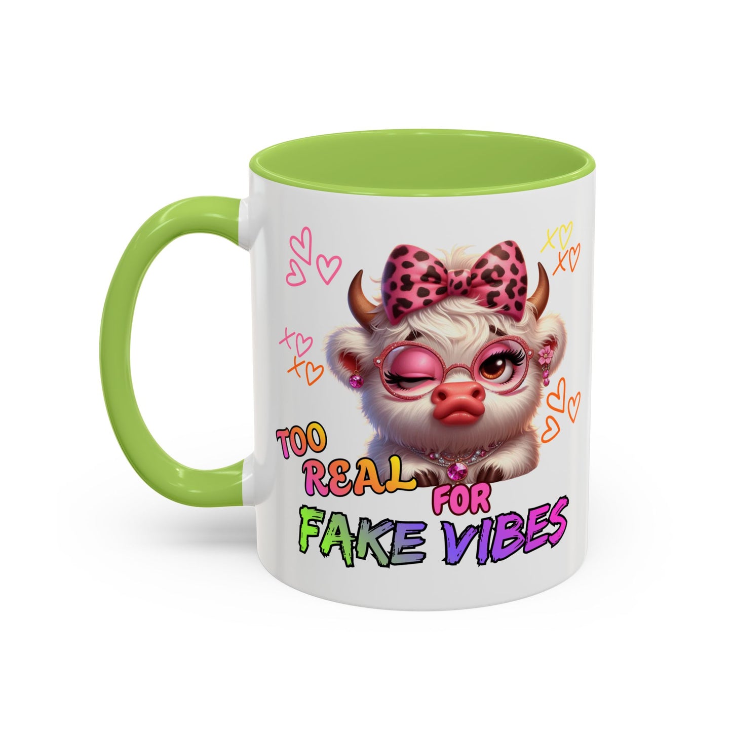 Coffee Mug — "Too Real for Fake Vibes" Cute Winking Cow Accent Mug (11/15oz)