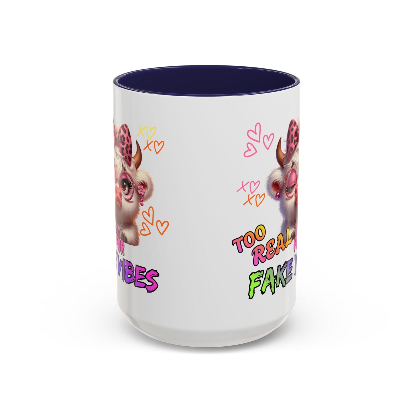 Coffee Mug — "Too Real for Fake Vibes" Cute Winking Cow Accent Mug (11/15oz)