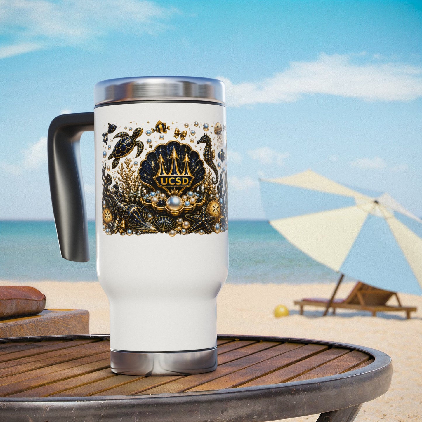 UCSD Nautical Seal Stainless Steel Travel Mug with Handle — 14oz