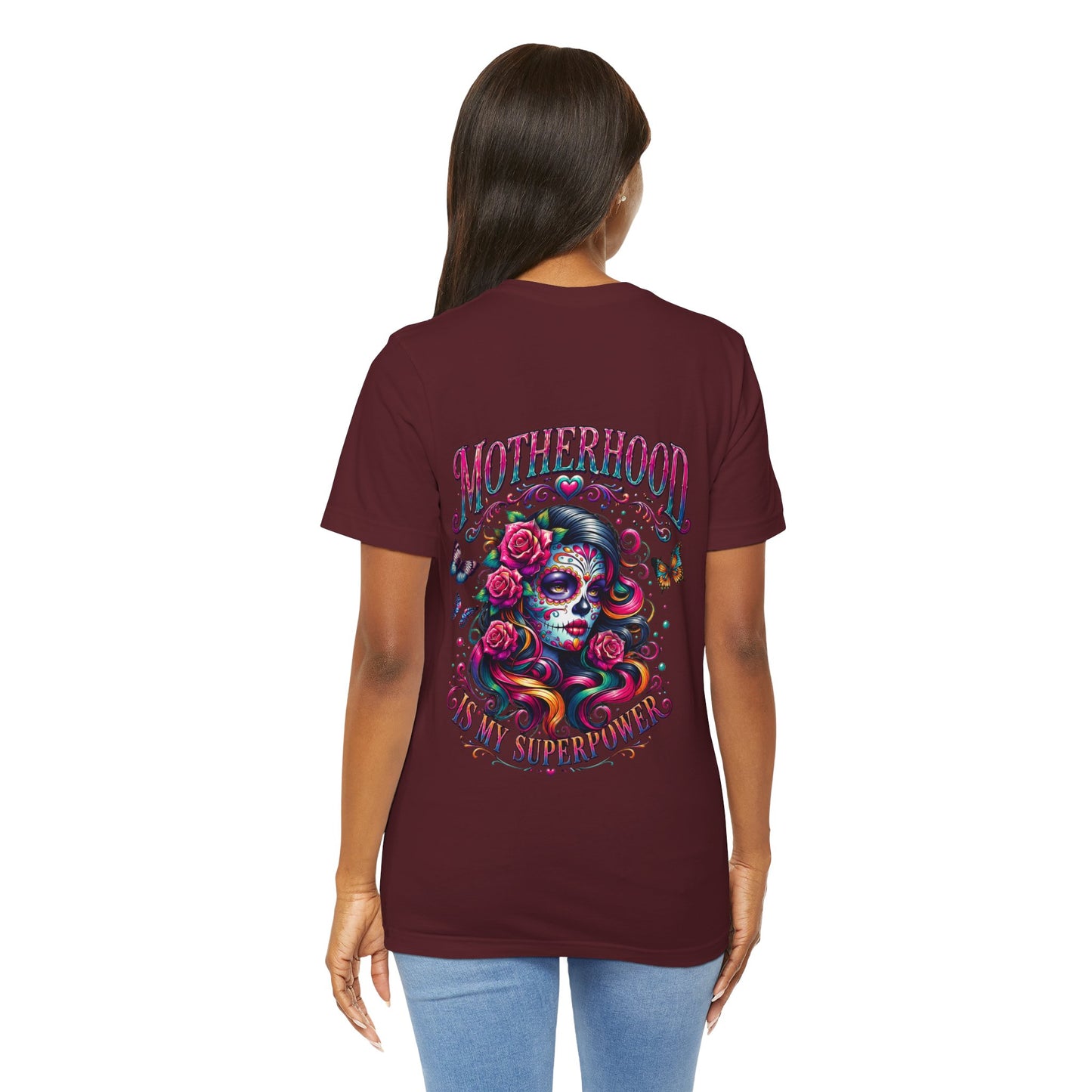 Motherhood T-Shirt — 'Motherhood Is My Superpower' Sugar Skull Mom Graphic Tee