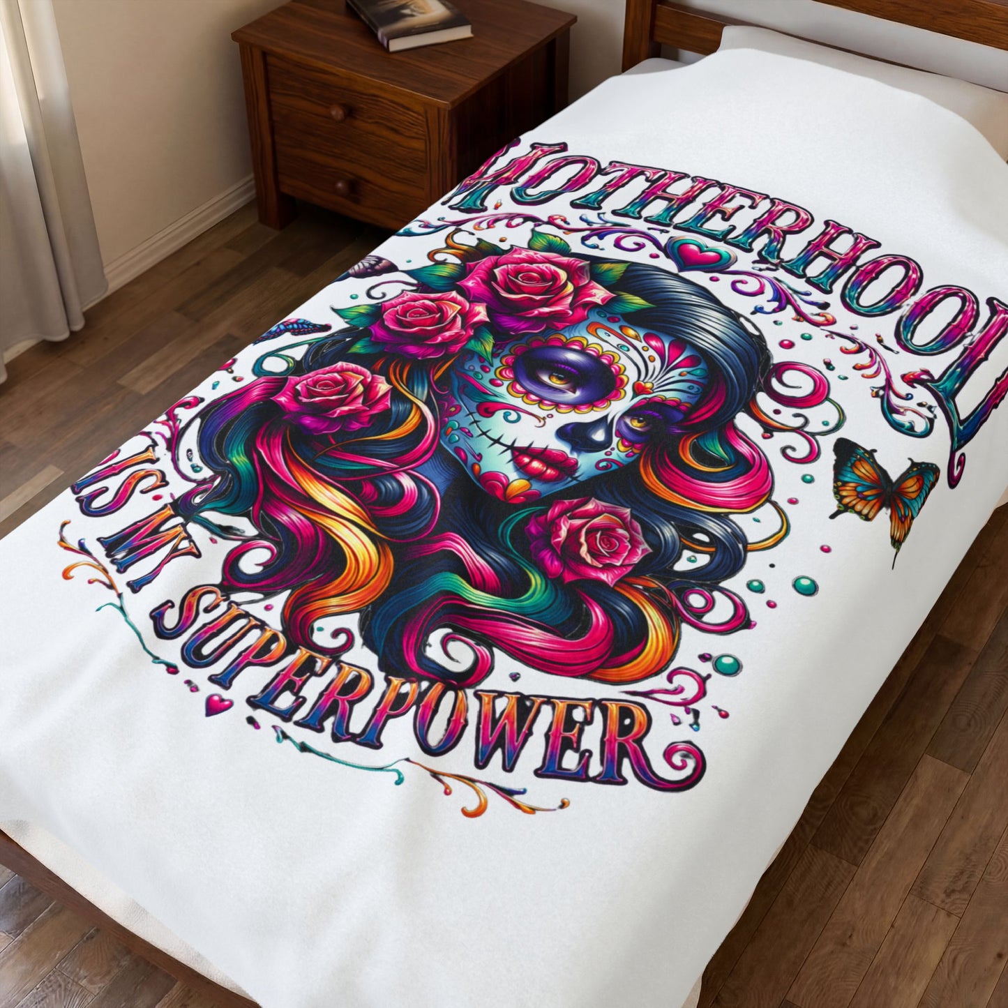 Velveteen Plush Blanket — "Motherhood Is My Superpower" Day of the Dead Floral Throw