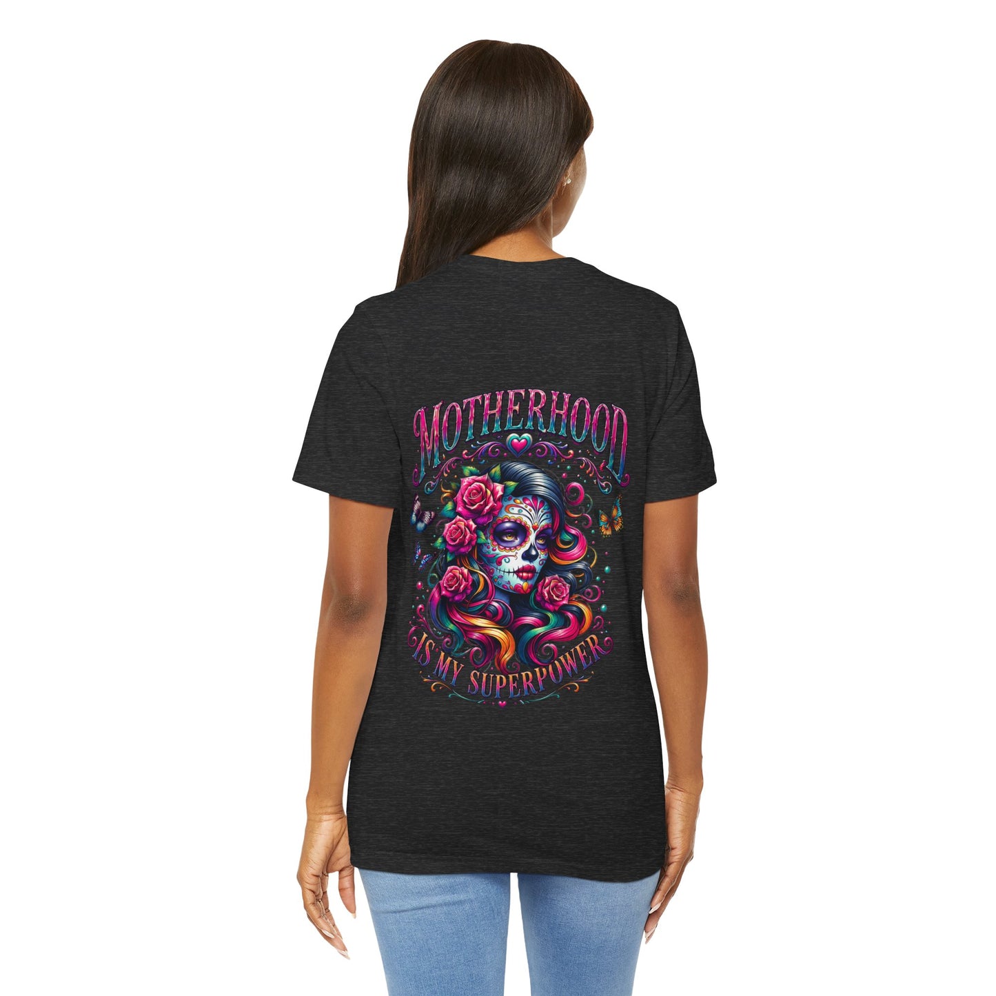 Motherhood T-Shirt — 'Motherhood Is My Superpower' Sugar Skull Mom Graphic Tee