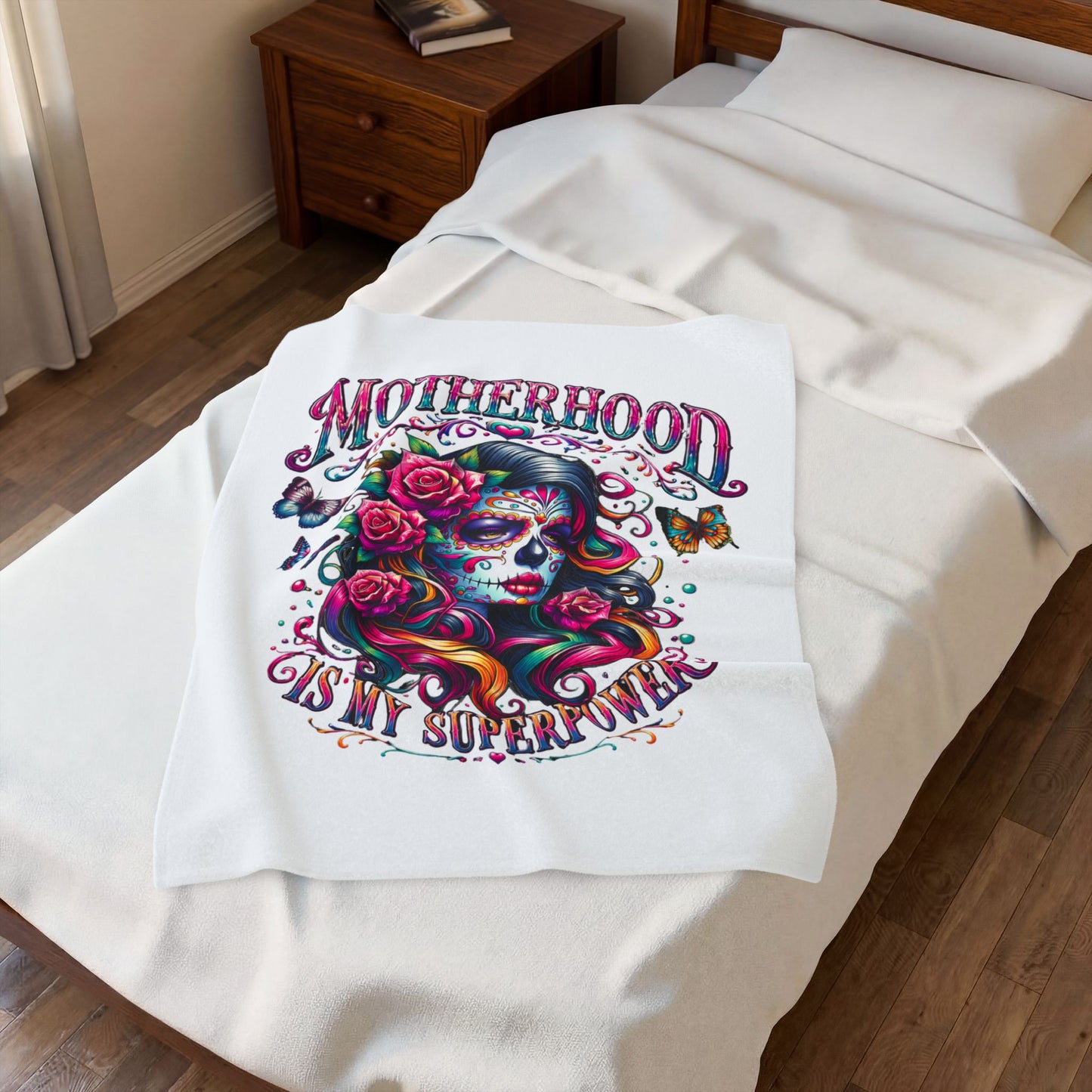 Velveteen Plush Blanket — "Motherhood Is My Superpower" Day of the Dead Floral Throw