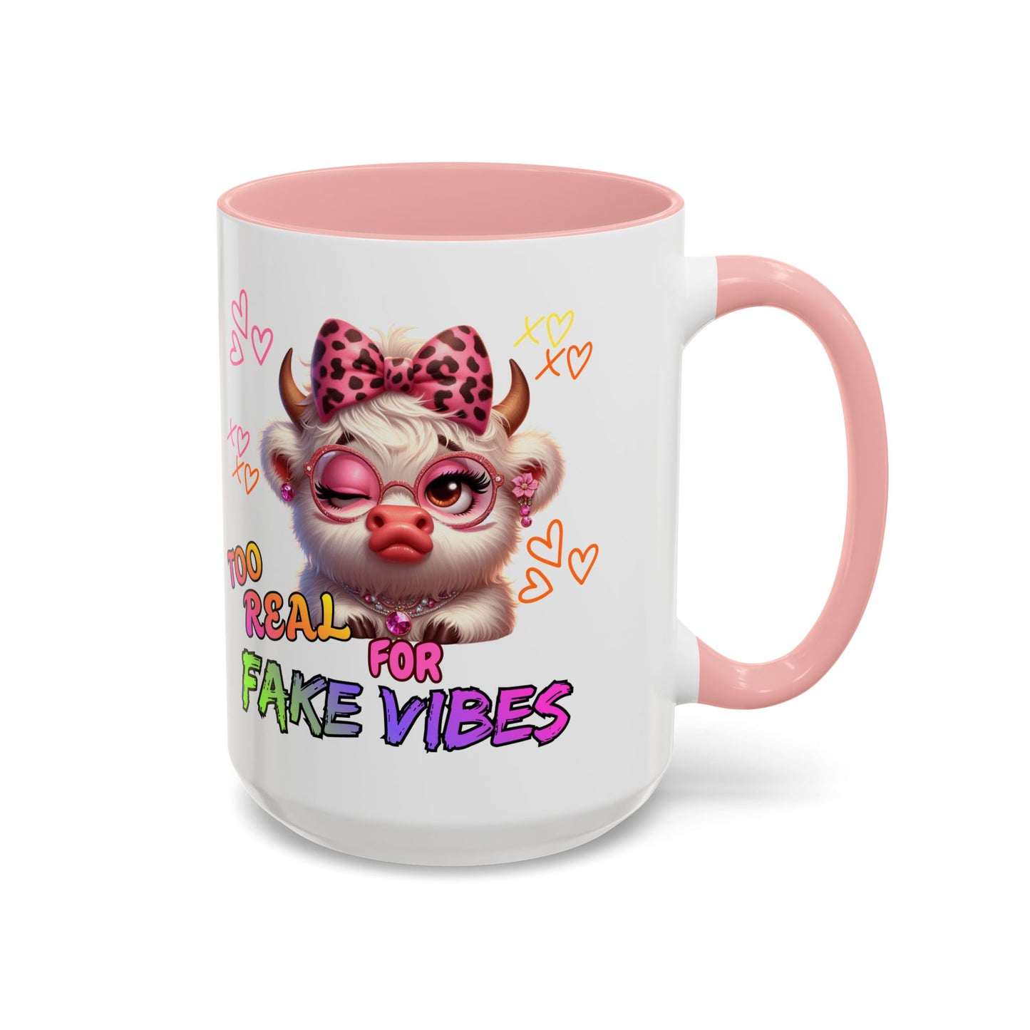 Coffee Mug — "Too Real for Fake Vibes" Cute Winking Cow Accent Mug (11/15oz)