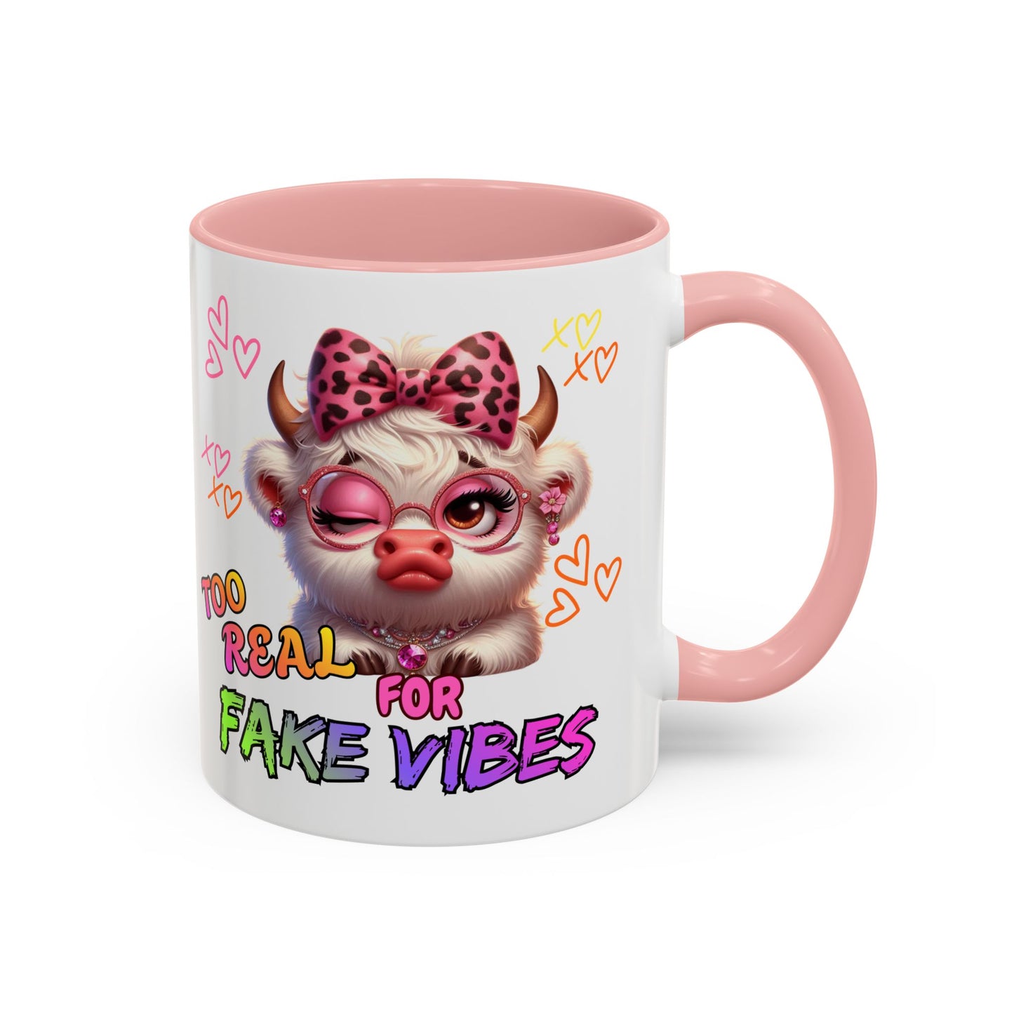 Coffee Mug — "Too Real for Fake Vibes" Cute Winking Cow Accent Mug (11/15oz)