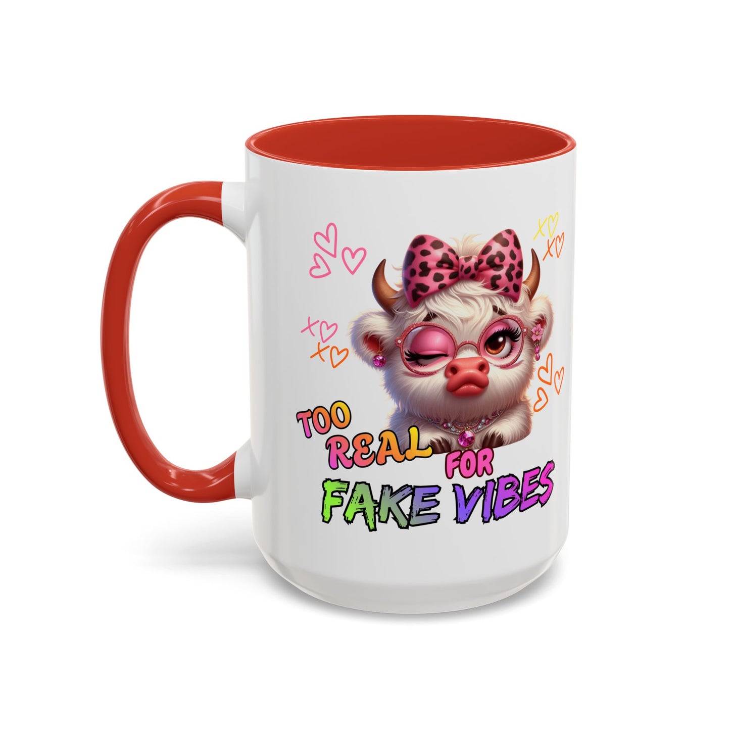 Coffee Mug — "Too Real for Fake Vibes" Cute Winking Cow Accent Mug (11/15oz)