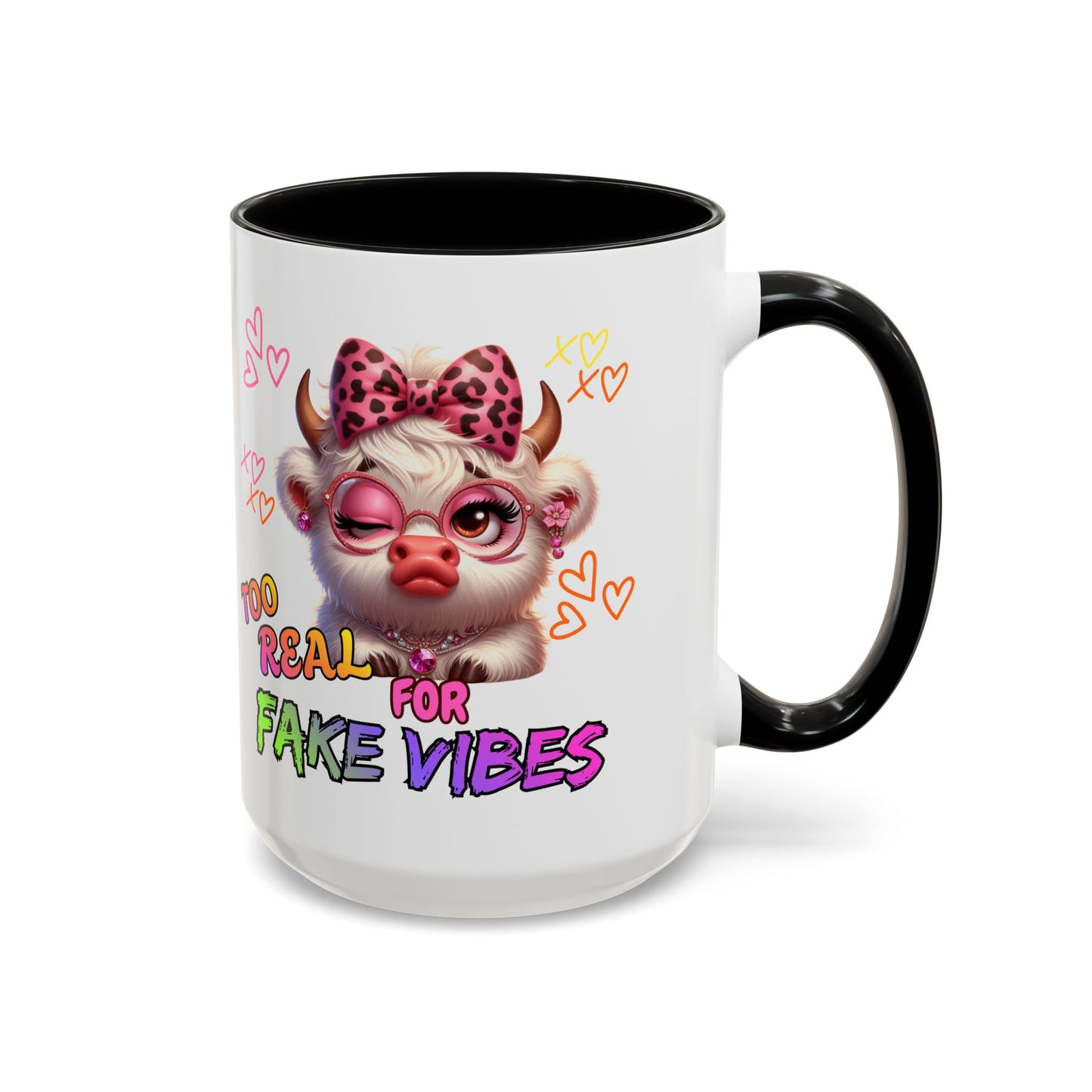 Coffee Mug — "Too Real for Fake Vibes" Cute Winking Cow Accent Mug (11/15oz)