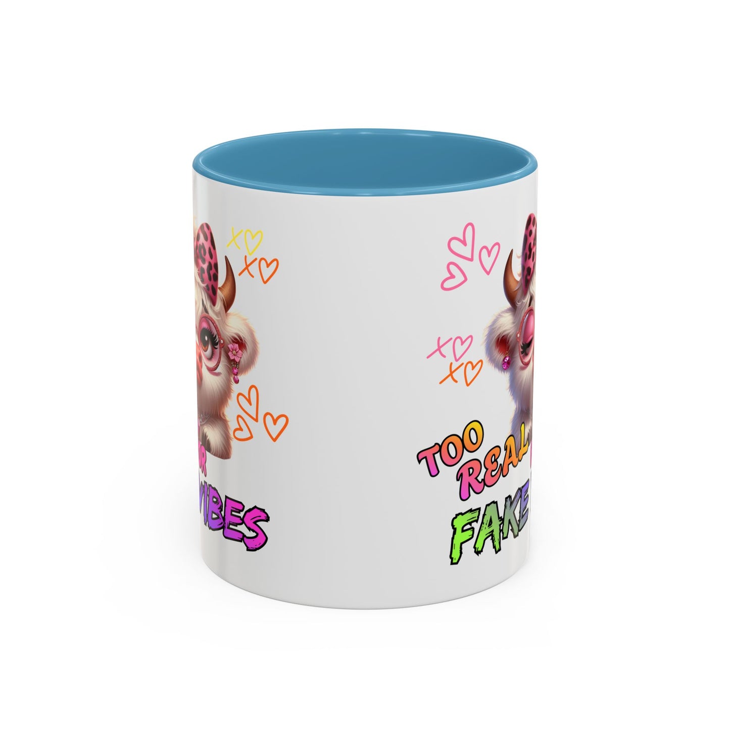 Coffee Mug — "Too Real for Fake Vibes" Cute Winking Cow Accent Mug (11/15oz)