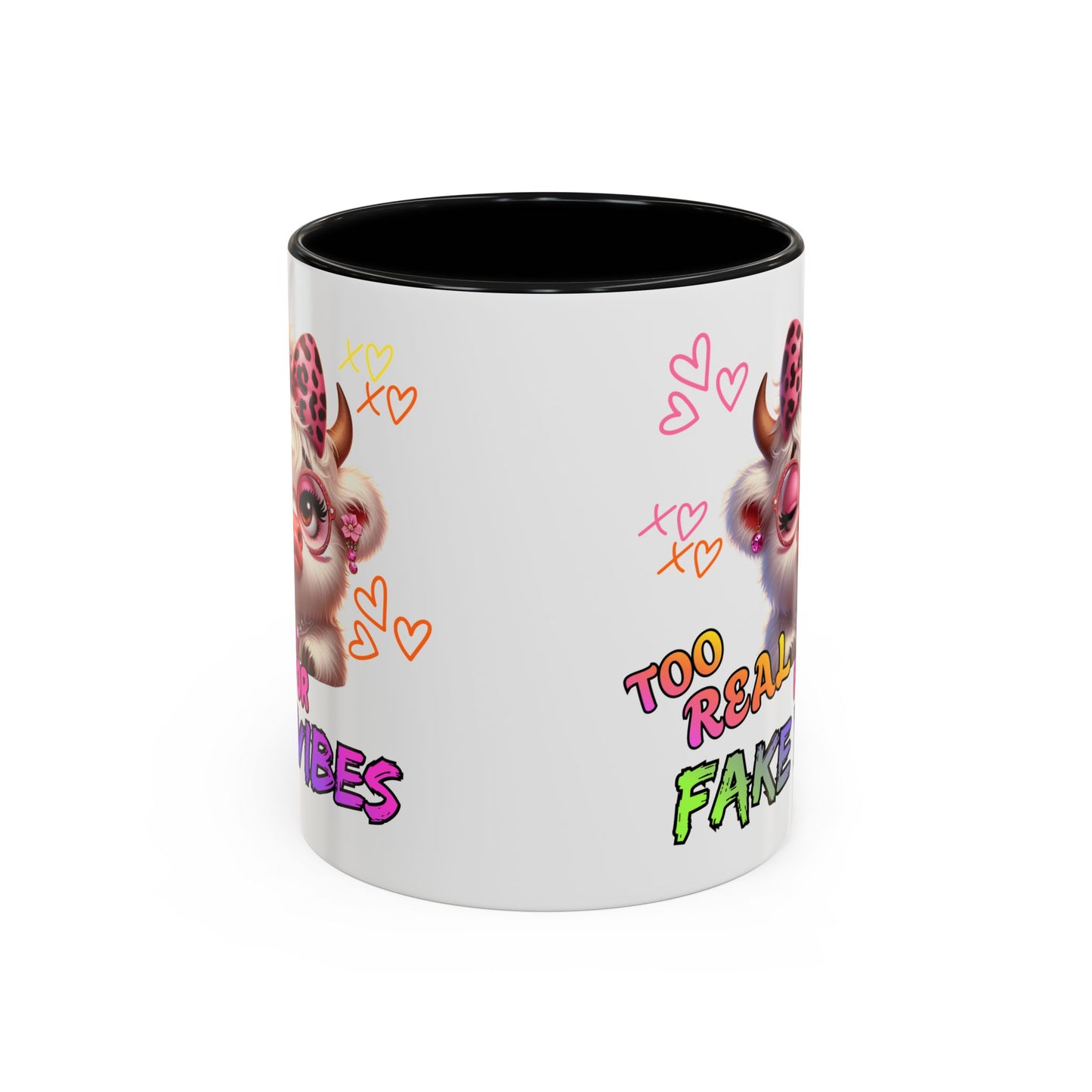 Coffee Mug — "Too Real for Fake Vibes" Cute Winking Cow Accent Mug (11/15oz)
