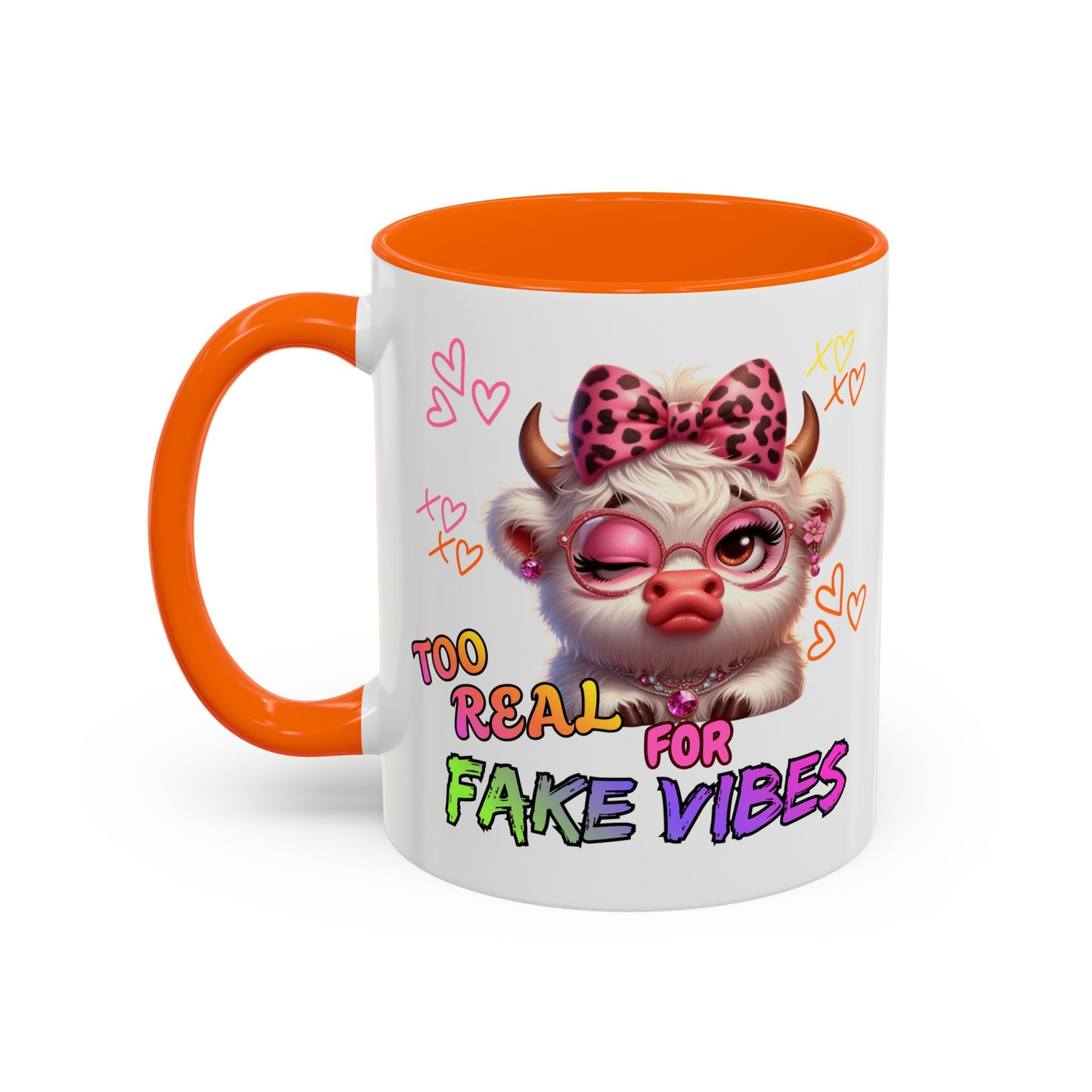 Coffee Mug — "Too Real for Fake Vibes" Cute Winking Cow Accent Mug (11/15oz)
