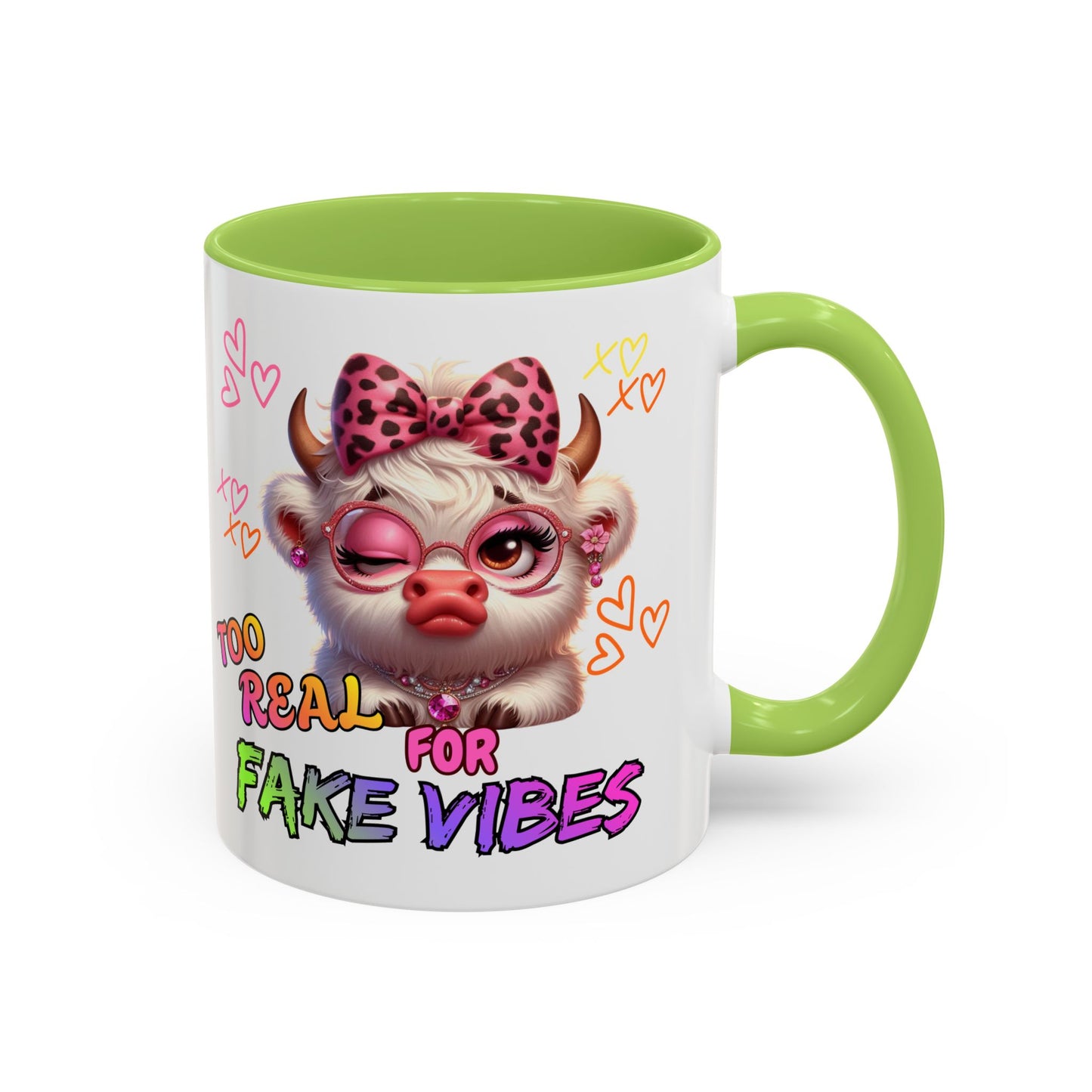 Coffee Mug — "Too Real for Fake Vibes" Cute Winking Cow Accent Mug (11/15oz)