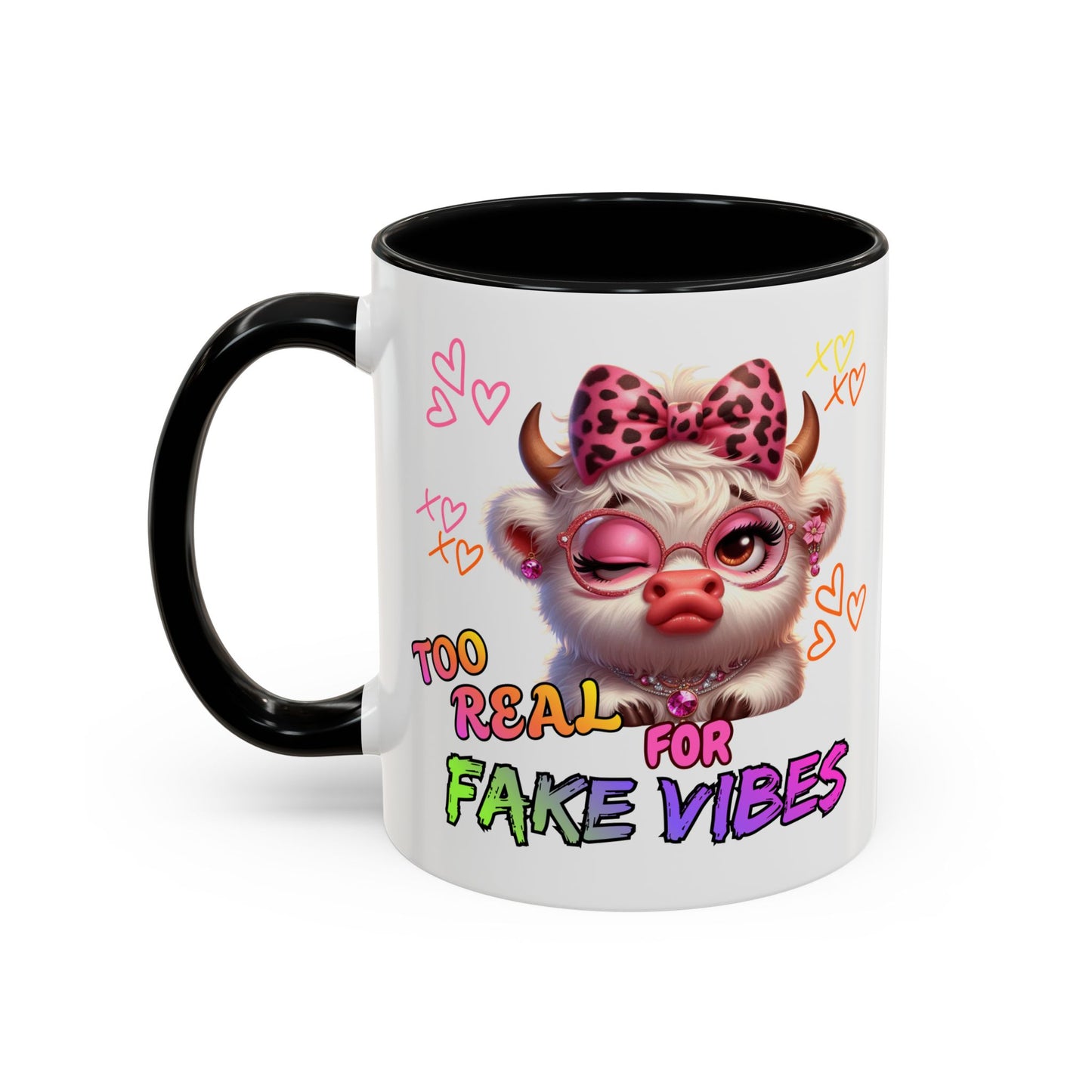 Coffee Mug — "Too Real for Fake Vibes" Cute Winking Cow Accent Mug (11/15oz)