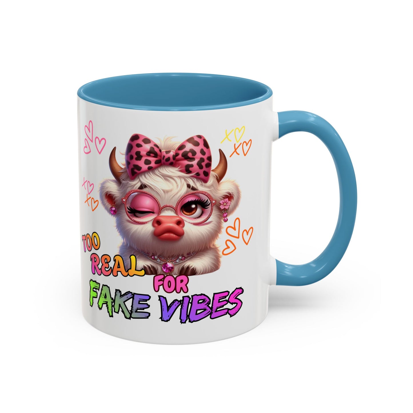 Coffee Mug — "Too Real for Fake Vibes" Cute Winking Cow Accent Mug (11/15oz)