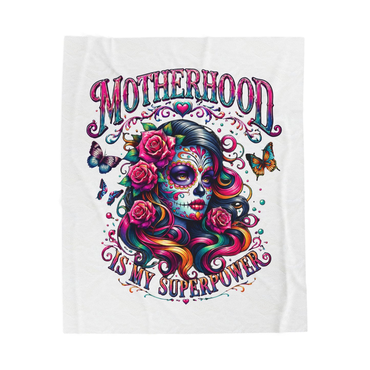 Velveteen Plush Blanket — "Motherhood Is My Superpower" Day of the Dead Floral Throw