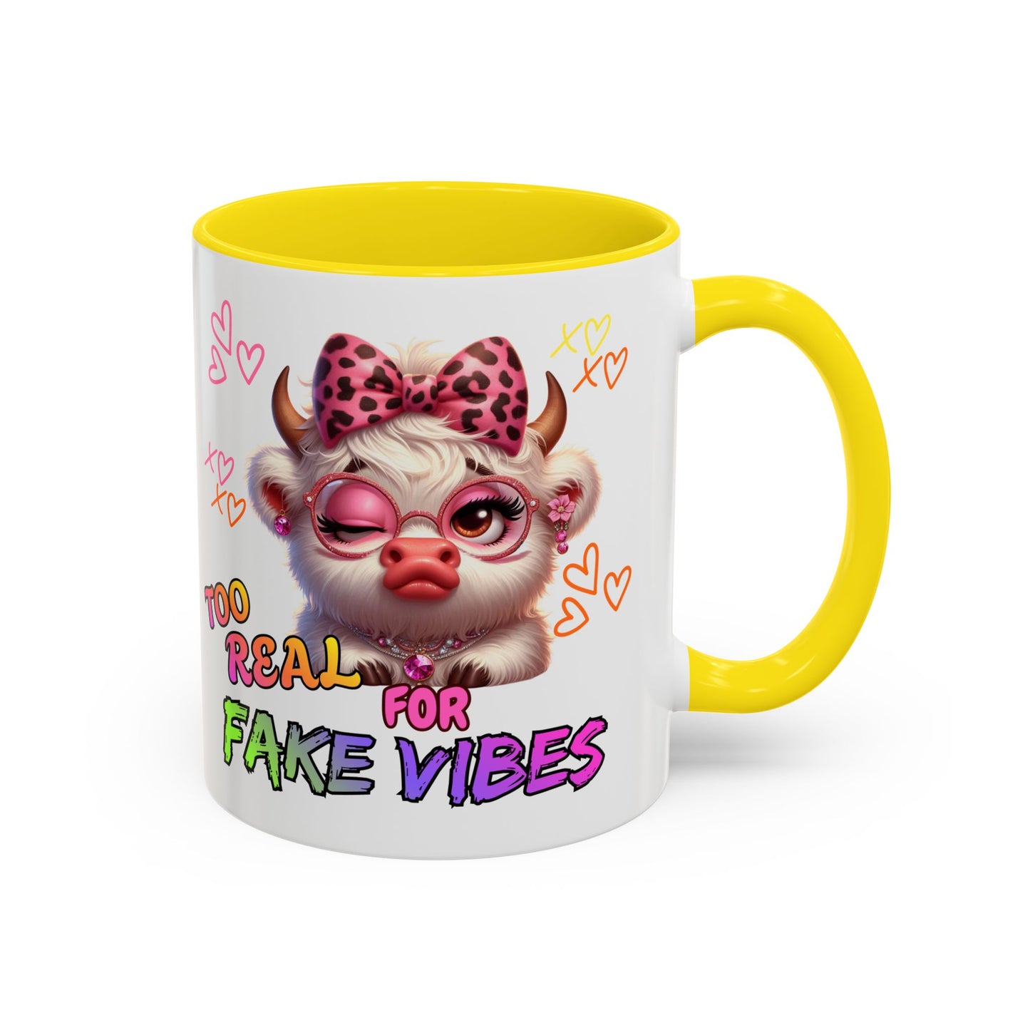 Coffee Mug — "Too Real for Fake Vibes" Cute Winking Cow Accent Mug (11/15oz)