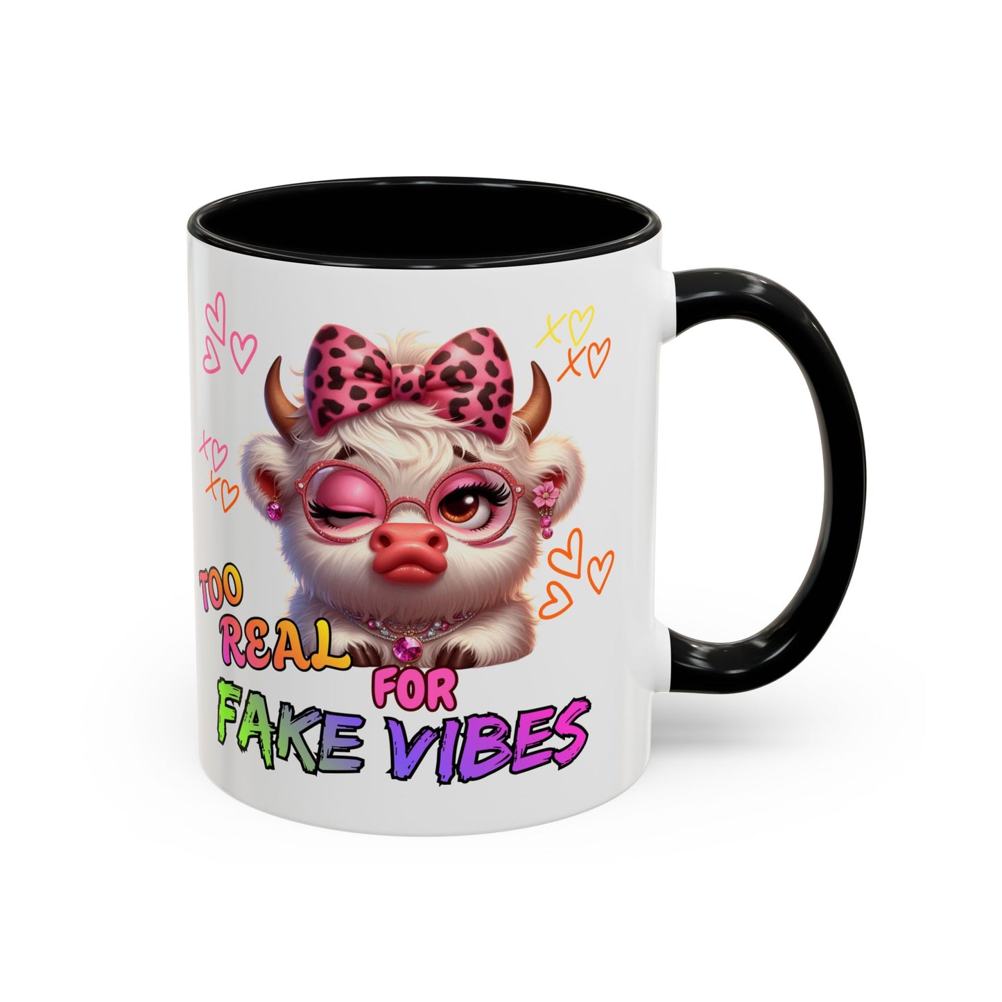 Coffee Mug — "Too Real for Fake Vibes" Cute Winking Cow Accent Mug (11/15oz)