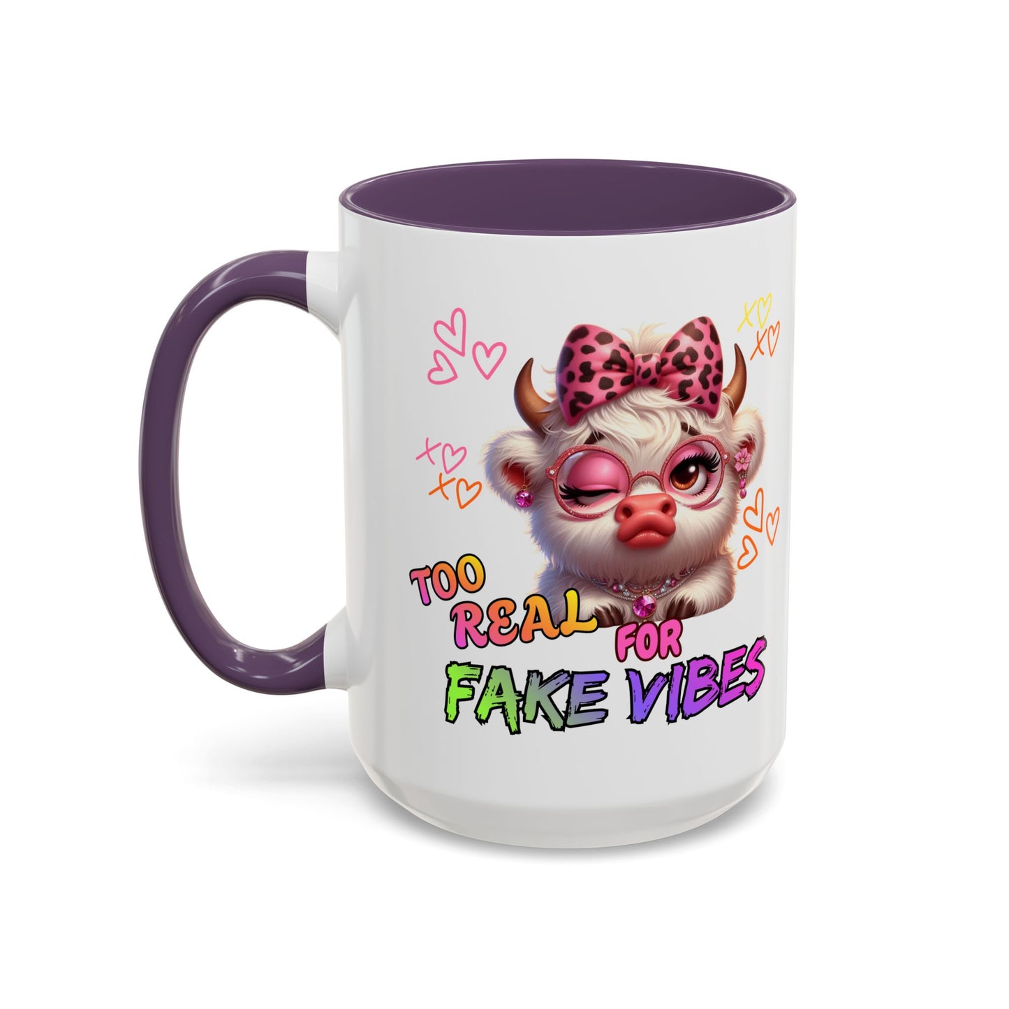 Coffee Mug — "Too Real for Fake Vibes" Cute Winking Cow Accent Mug (11/15oz)