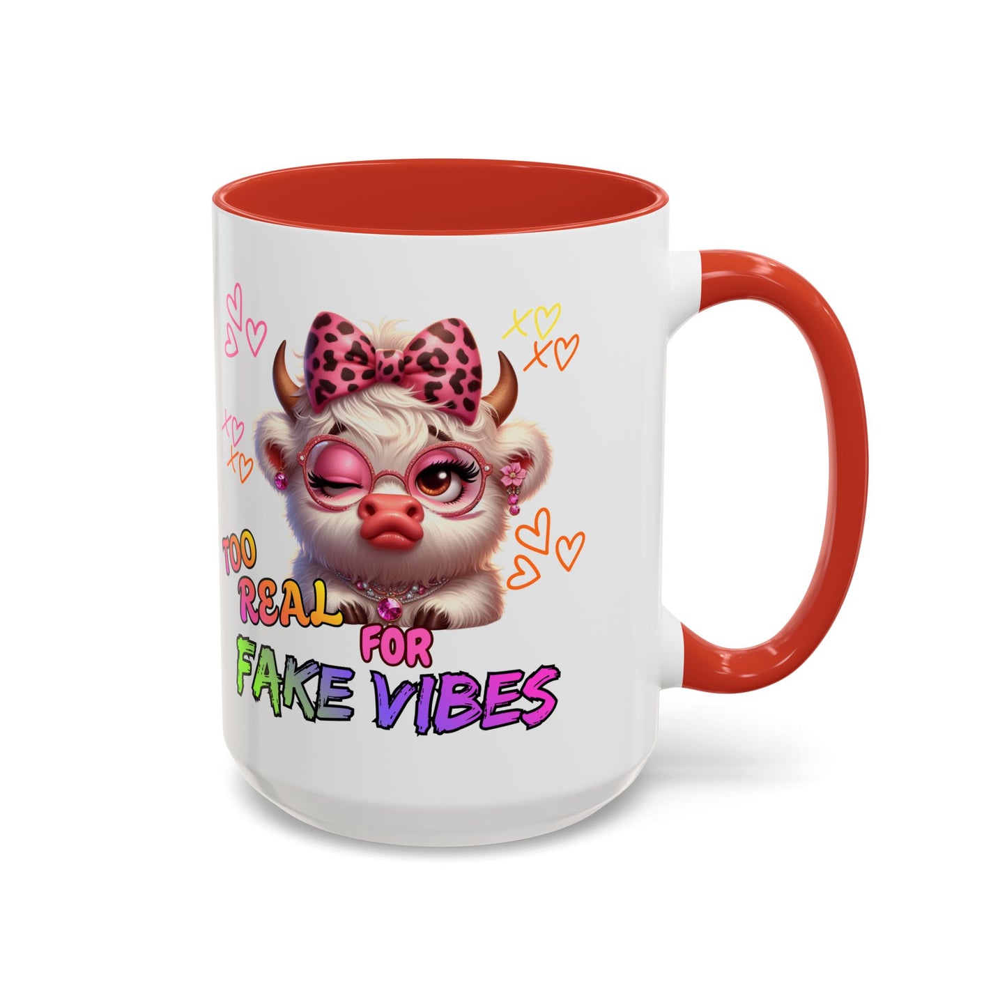 Coffee Mug — "Too Real for Fake Vibes" Cute Winking Cow Accent Mug (11/15oz)